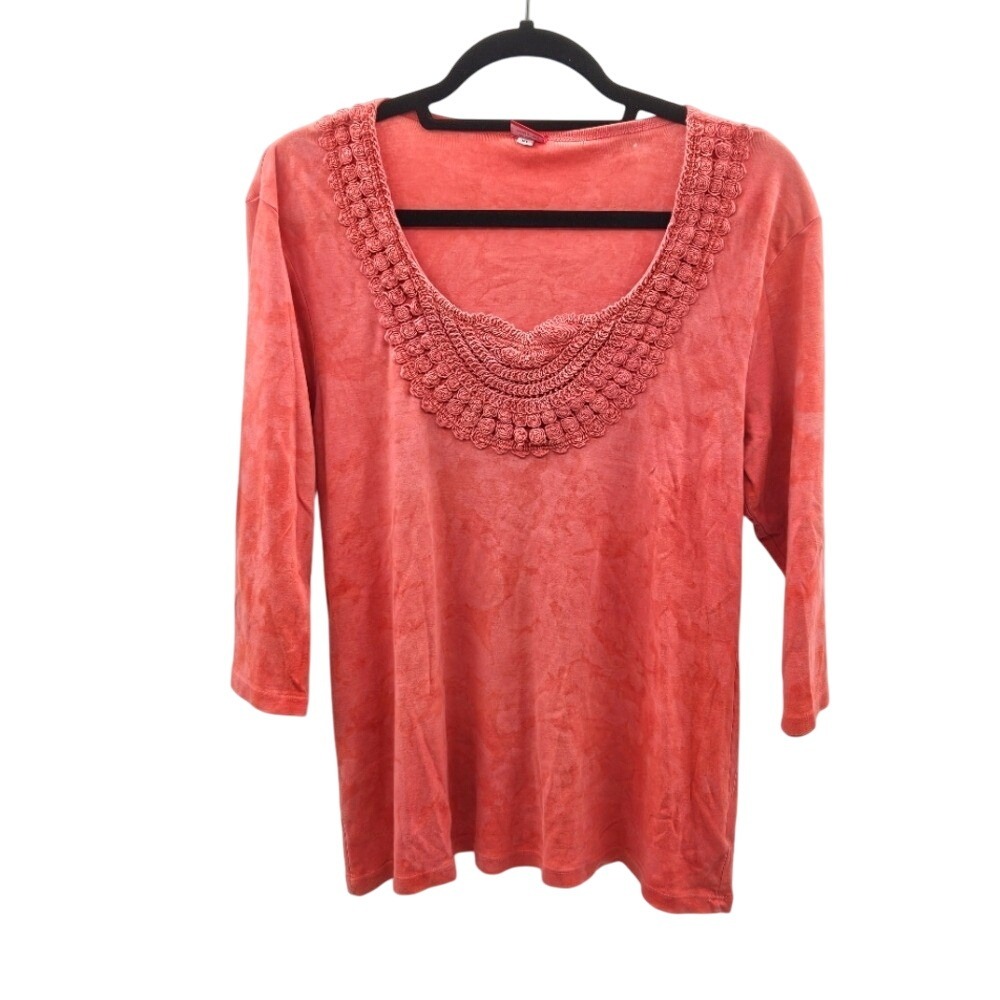 Glima Coral Cotton 3/4‎ Sleeve Top with Crochet Detail Size XL